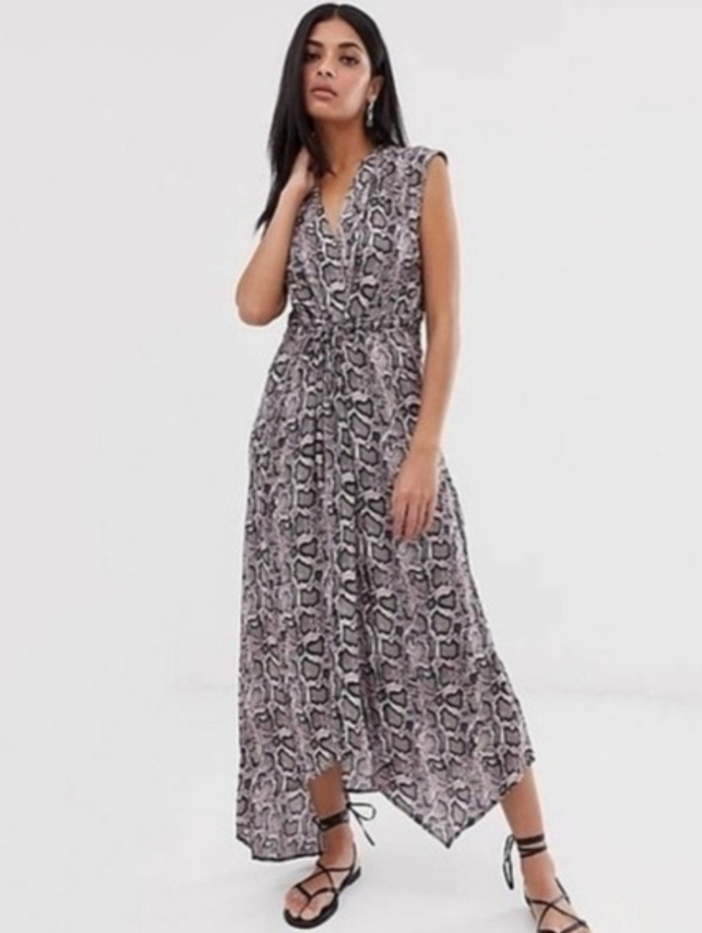 ALLSAINTS TATE MIRSA ASYMMETRIC SNAKE PRINT DRESS. SIZE LARGE. PINK/ BLACK.